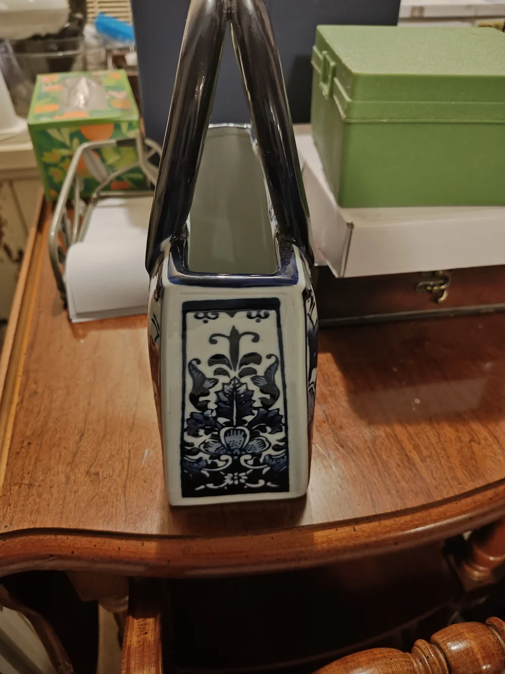 Blue and White Floral Ceramic Tote-Style Vase